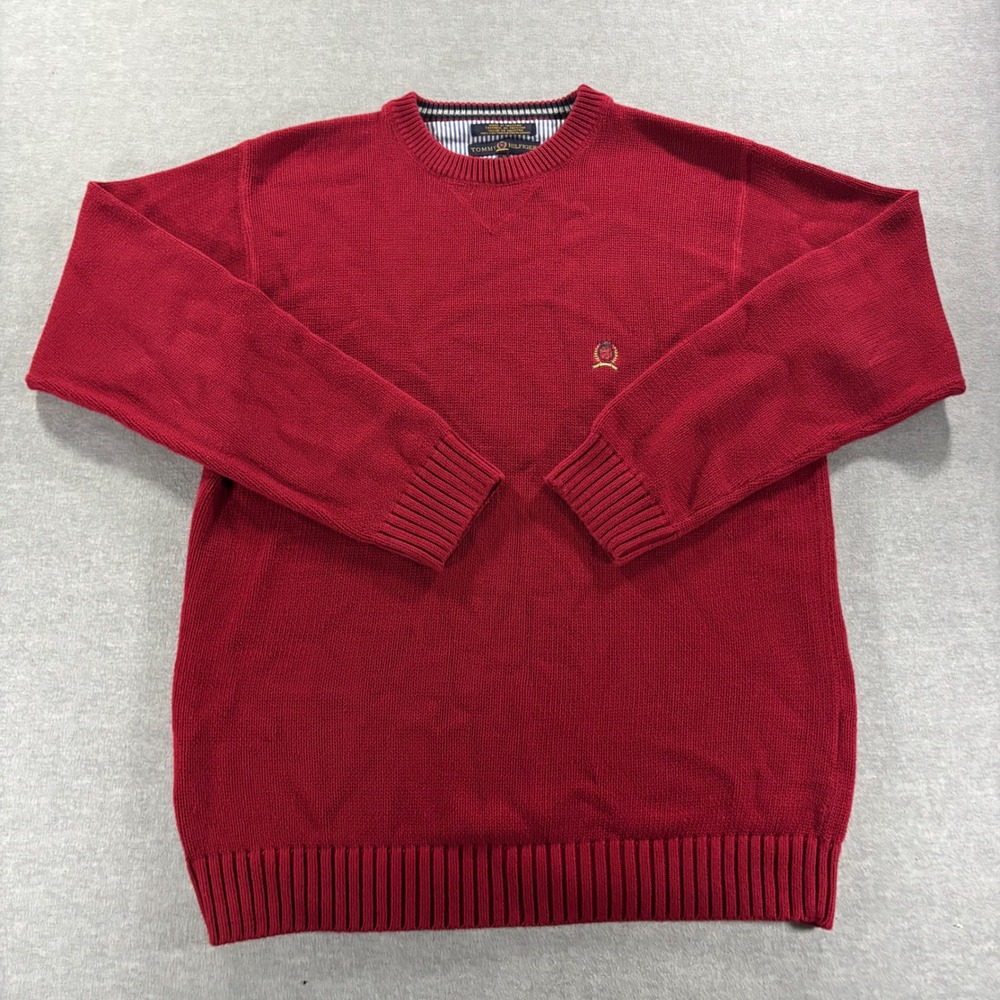 Tommy Hilfiger Mens Red Crewneck Sweater 100% Cotton Crest Logo Size Medium